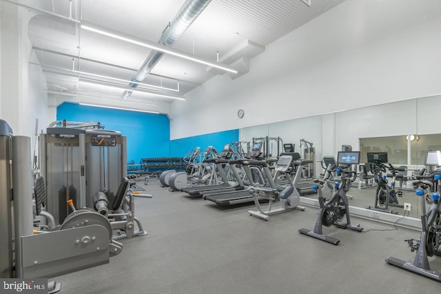 workout area with a high ceiling