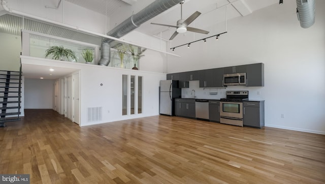 kitchen featuring light hardwood / wood-style floors, sink, a towering ceiling, and stainless steel appliances