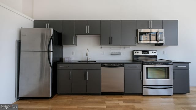 kitchen with light wood-type flooring, stainless steel appliances, gray cabinets, and sink