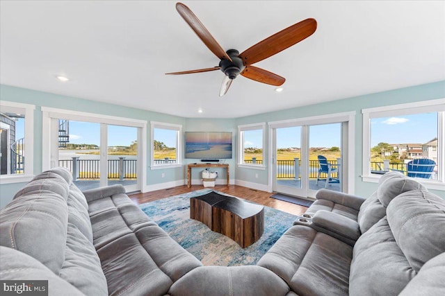 living room featuring ceiling fan, plenty of natural light, and hardwood / wood-style flooring