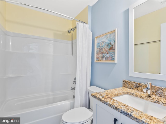 full bathroom featuring vanity, toilet, and shower / bathtub combination with curtain