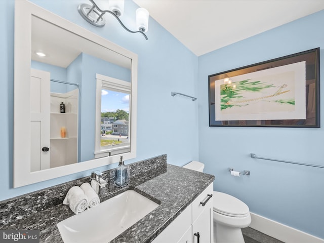 bathroom featuring vanity, toilet, and walk in shower