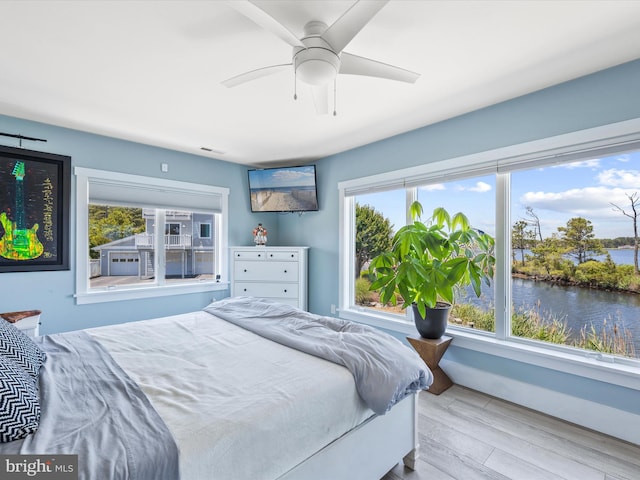 bedroom with ceiling fan and light hardwood / wood-style floors