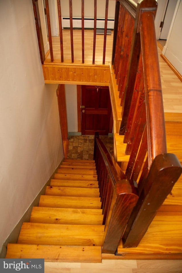 stairs with a baseboard radiator and hardwood / wood-style flooring