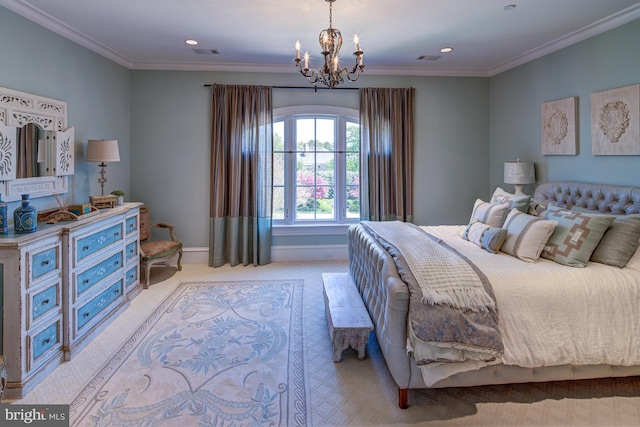 carpeted bedroom featuring a chandelier and crown molding