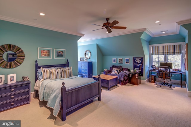 bedroom featuring light colored carpet, ceiling fan, and ornamental molding