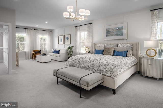 carpeted bedroom featuring an inviting chandelier and multiple windows