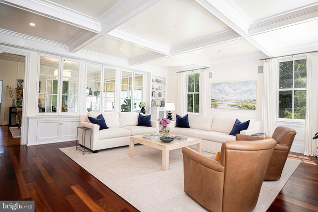 living room with beamed ceiling, dark hardwood / wood-style floors, ornamental molding, and coffered ceiling