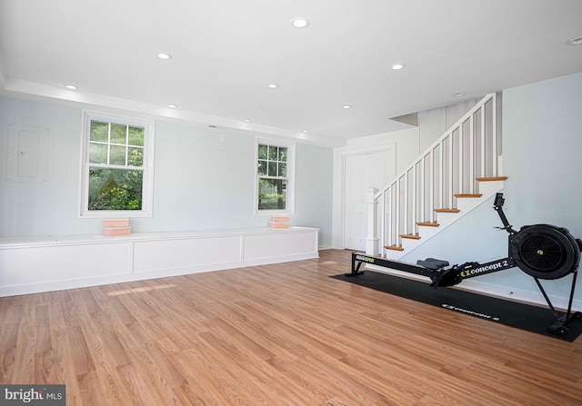 exercise area featuring light hardwood / wood-style flooring and plenty of natural light