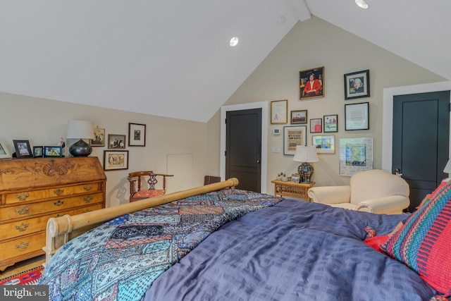 bedroom with lofted ceiling with beams