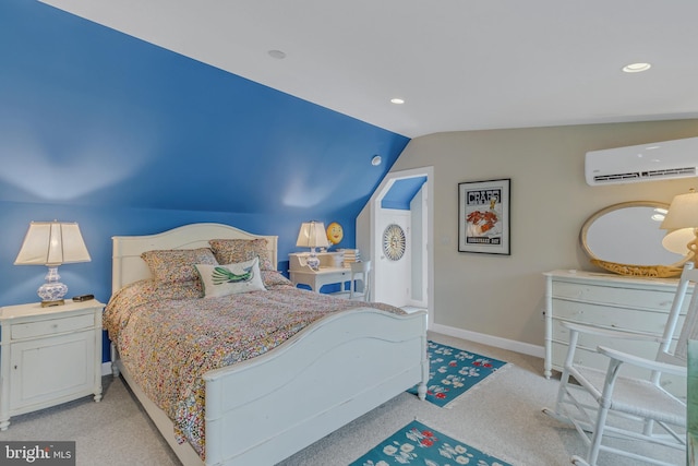 carpeted bedroom with a wall unit AC and lofted ceiling