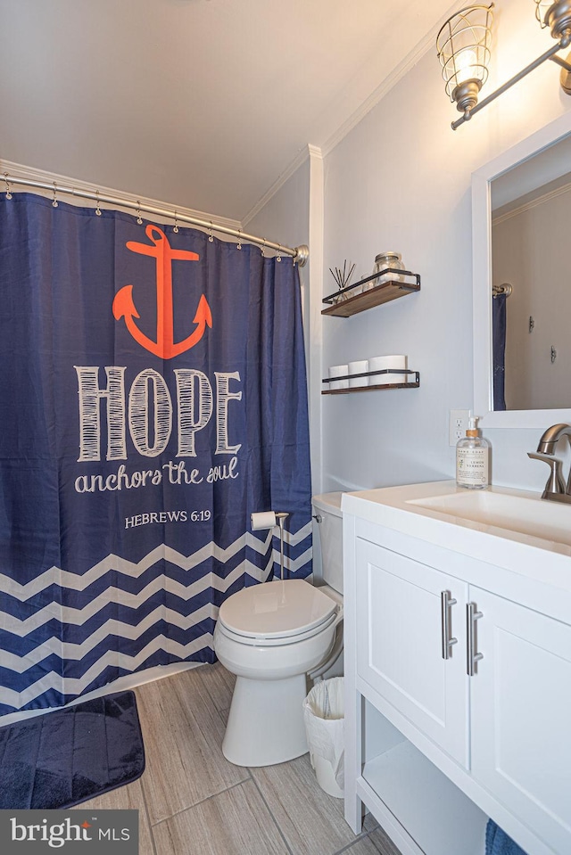 bathroom with vanity, toilet, and crown molding