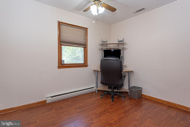 office featuring wood-type flooring, baseboard heating, and ceiling fan