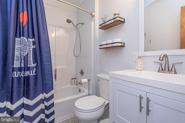 full bathroom featuring vanity, toilet, and shower / bathtub combination with curtain