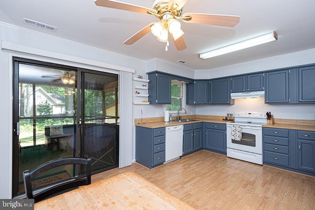 kitchen with blue cabinetry, white appliances, and plenty of natural light