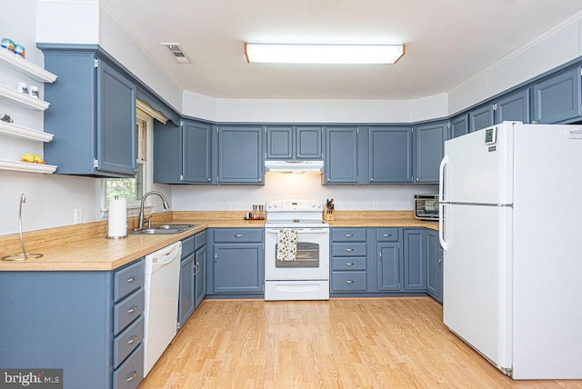 kitchen with blue cabinetry, white appliances, ornamental molding, and sink