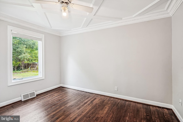 spare room with ceiling fan, hardwood / wood-style floors, beamed ceiling, and coffered ceiling