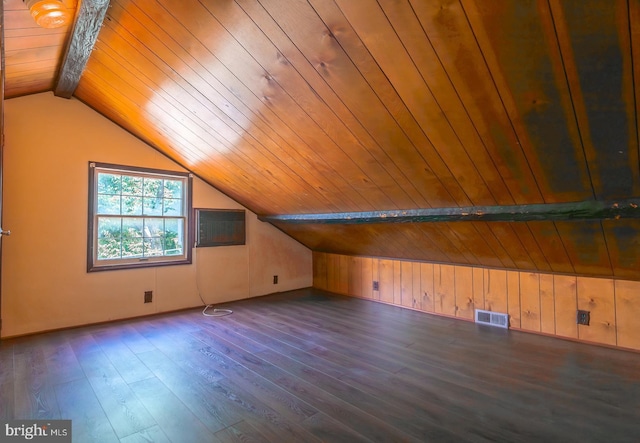 bonus room featuring lofted ceiling, wood ceiling, and dark hardwood / wood-style floors