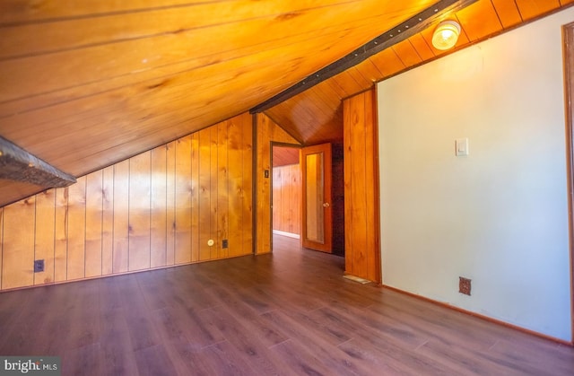 bonus room with hardwood / wood-style floors, vaulted ceiling with beams, wood ceiling, and wooden walls