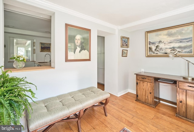 living area featuring light hardwood / wood-style flooring, ornamental molding, and sink