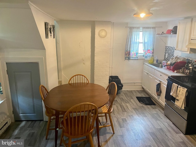 dining space featuring dark hardwood / wood-style flooring and sink