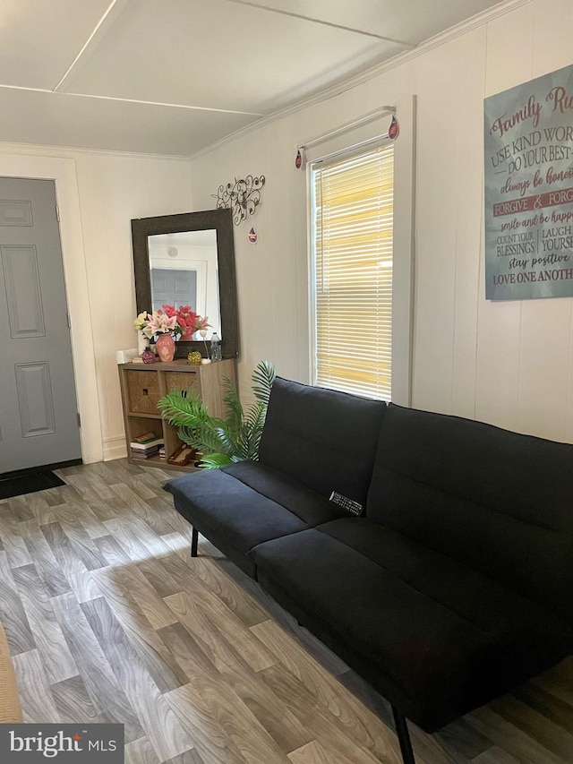 living room featuring hardwood / wood-style floors and crown molding