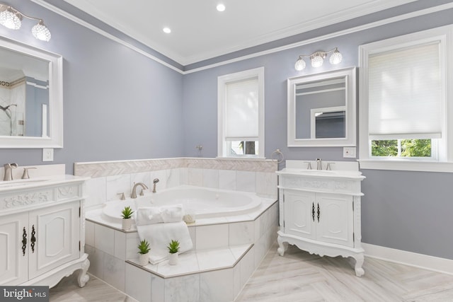 bathroom with vanity, parquet floors, and ornamental molding