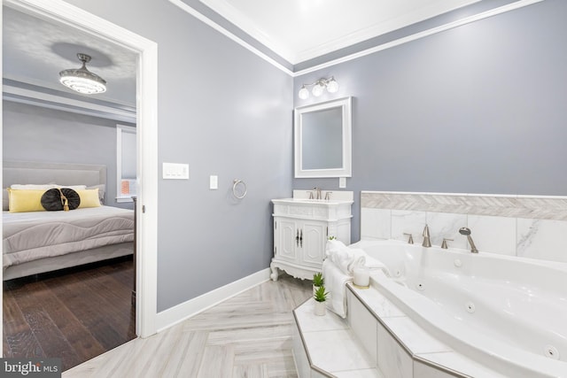 bathroom with parquet flooring, vanity, a relaxing tiled tub, and ornamental molding