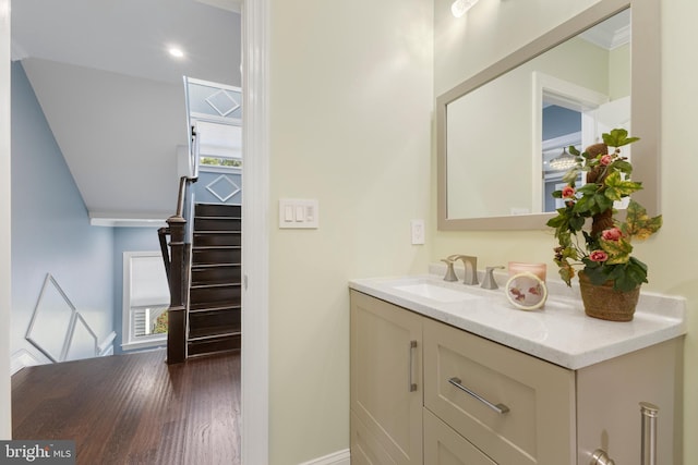 bathroom with a wealth of natural light, vanity, and hardwood / wood-style flooring