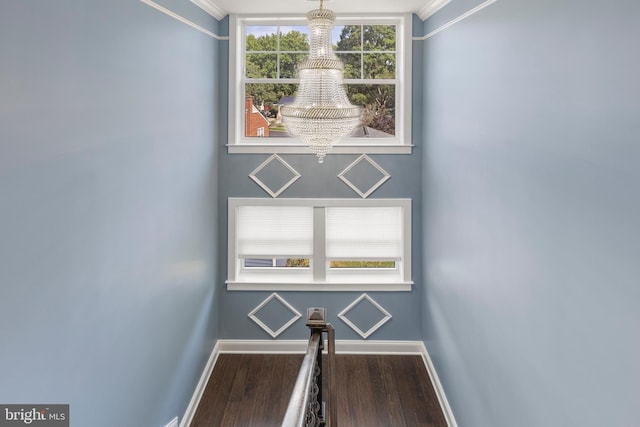 stairway with a chandelier, hardwood / wood-style floors, and crown molding