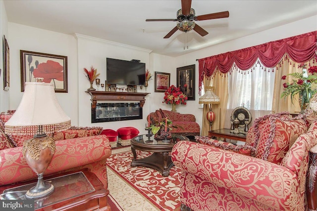 living room featuring ceiling fan