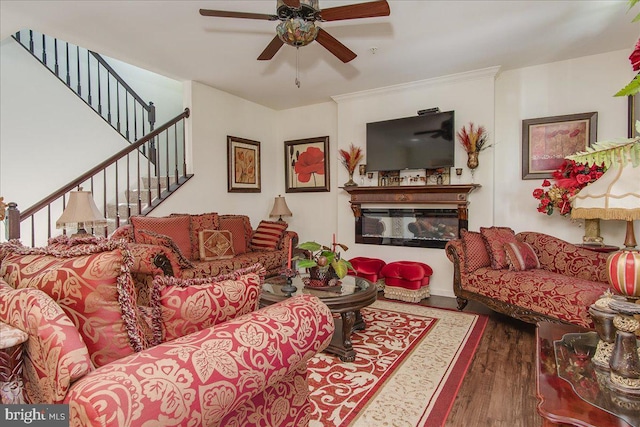 living room with dark hardwood / wood-style floors and ceiling fan