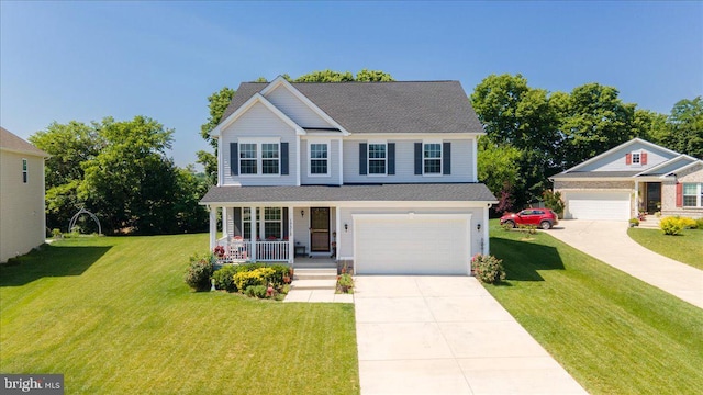 view of front of home featuring a front lawn, covered porch, and a garage