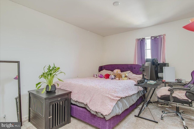 bedroom with light colored carpet