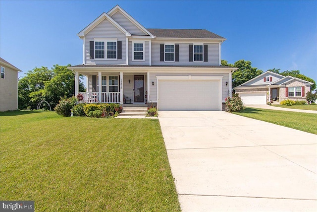 view of front of house with a porch, a front yard, and a garage