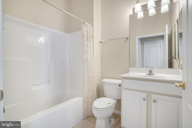 full bath featuring toilet, vanity, shower / tub combo with curtain, and tile patterned floors