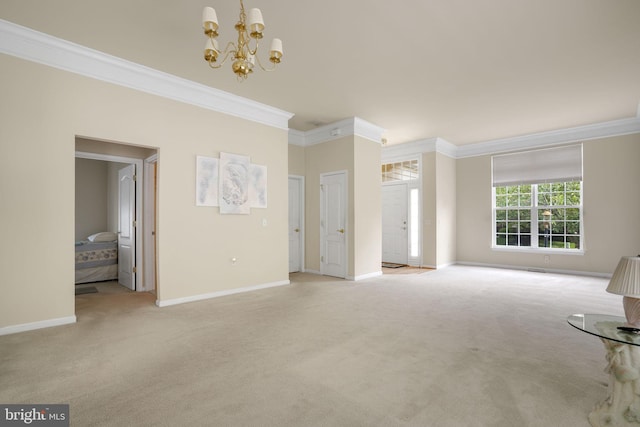 unfurnished living room featuring light carpet, crown molding, a notable chandelier, and baseboards