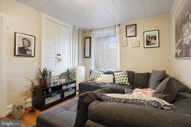 living room featuring radiator, ornamental molding, and hardwood / wood-style flooring