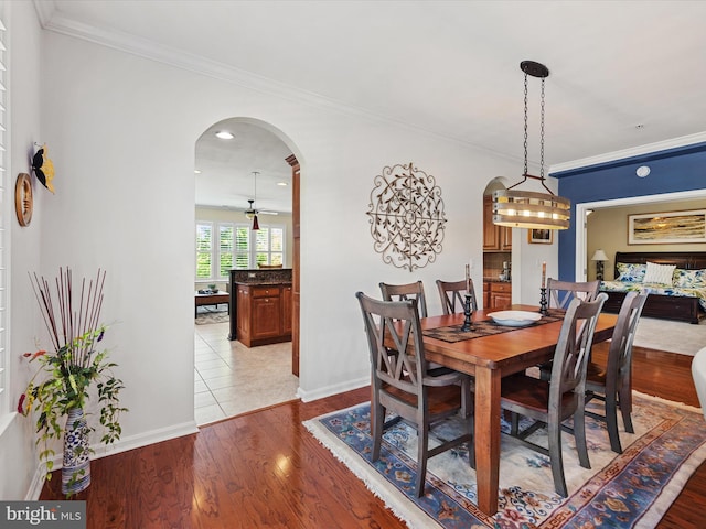 dining area with ceiling fan, light hardwood / wood-style floors, and ornamental molding