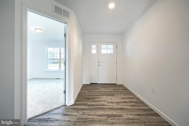 doorway to outside featuring dark wood-type flooring