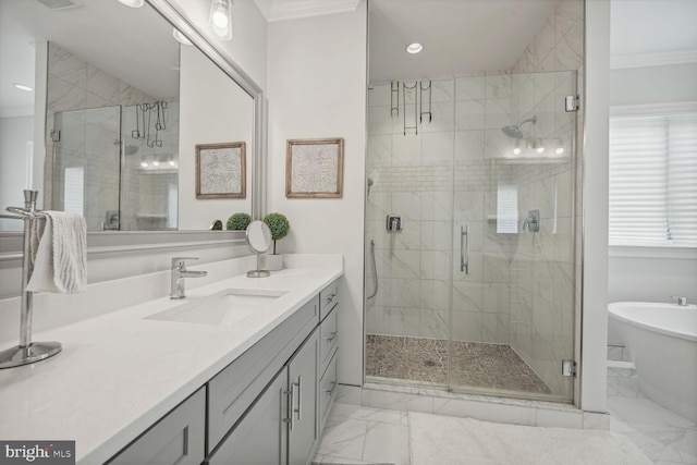 bathroom featuring vanity, separate shower and tub, and crown molding