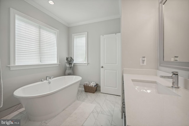 bathroom featuring a bath, vanity, and ornamental molding