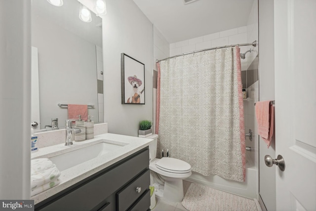 full bathroom with tile patterned flooring, vanity, toilet, and shower / bathtub combination with curtain