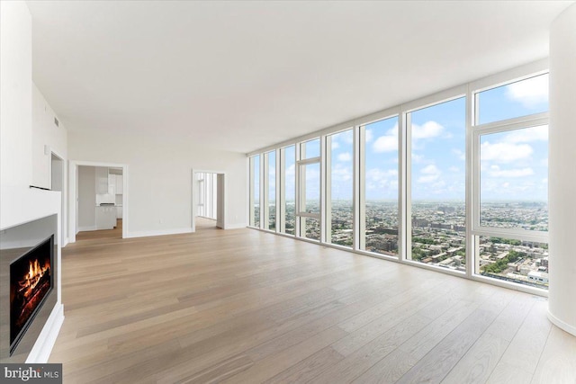 unfurnished living room featuring a wealth of natural light, light wood-type flooring, and a wall of windows