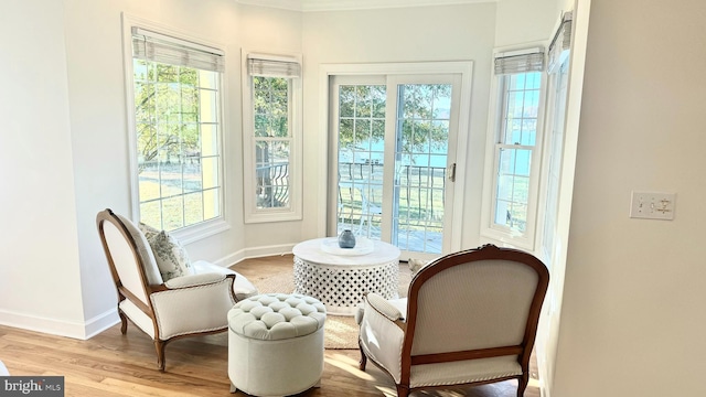 sitting room featuring ornamental molding, light wood-type flooring, and a wealth of natural light