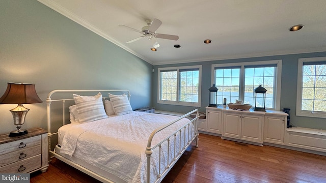 bedroom with dark hardwood / wood-style flooring, crown molding, multiple windows, and ceiling fan