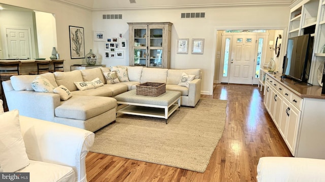 living room featuring ornamental molding and light wood-type flooring