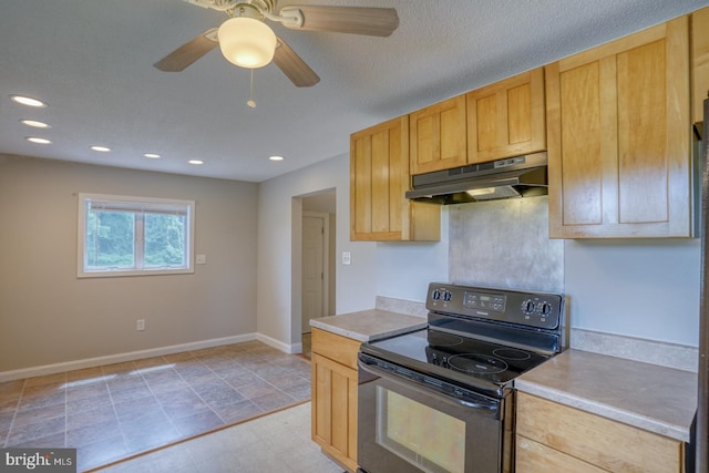 kitchen featuring black range with electric cooktop, a textured ceiling, ceiling fan, and light brown cabinets