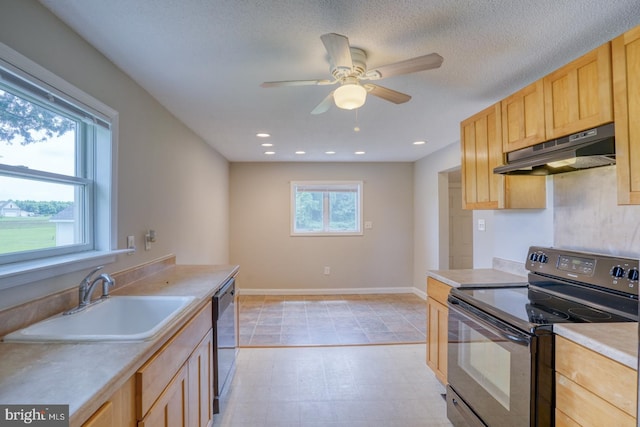 kitchen featuring light brown cabinetry, a wealth of natural light, sink, and black appliances