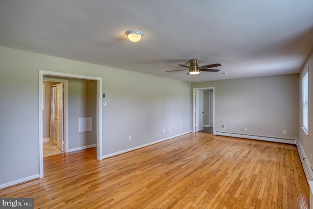 unfurnished room with ceiling fan, a baseboard radiator, and light wood-type flooring